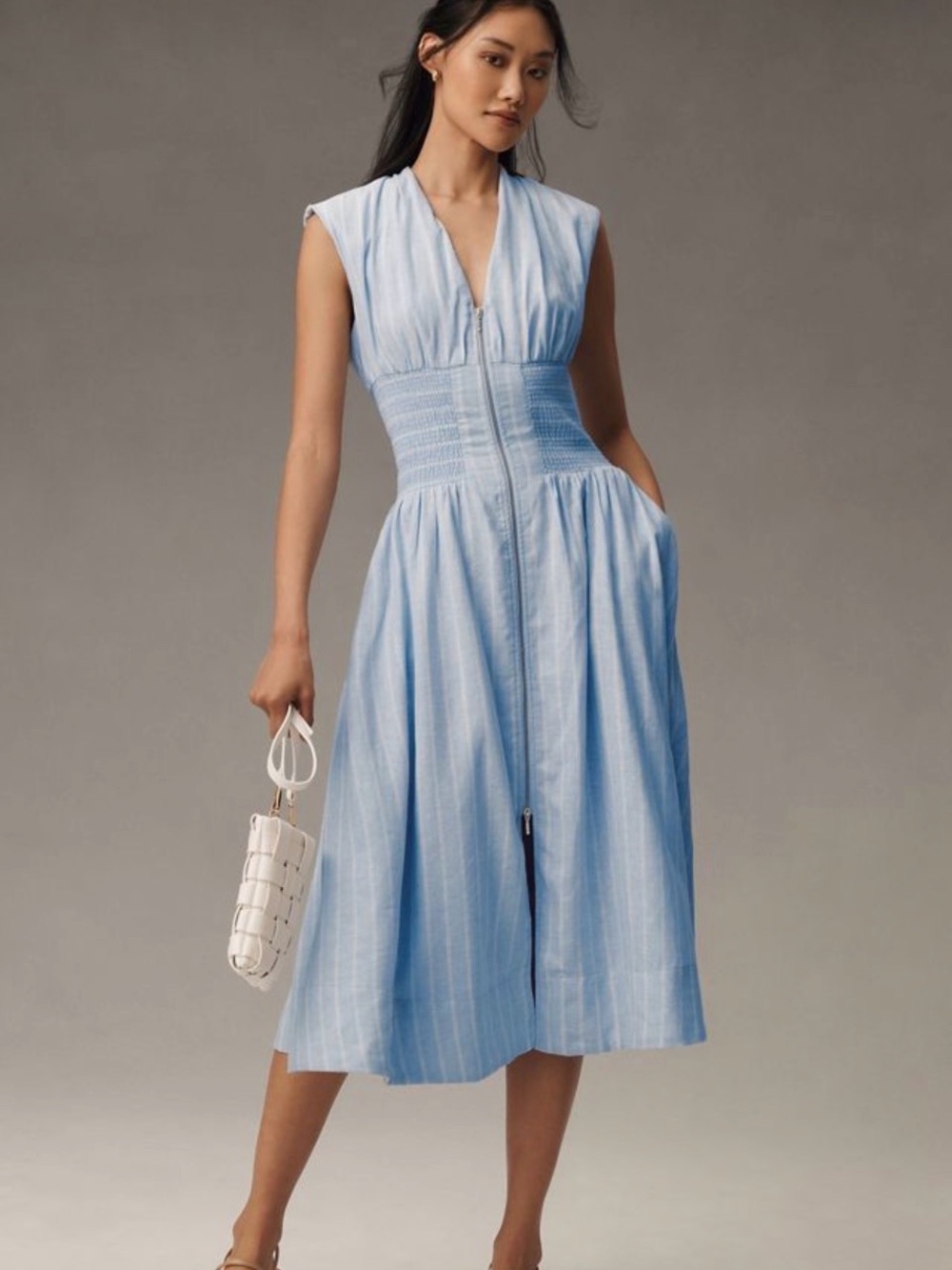 Anthropologie Light Blue Striped Shirred-Waist Zip Midi Dress with rhinestones